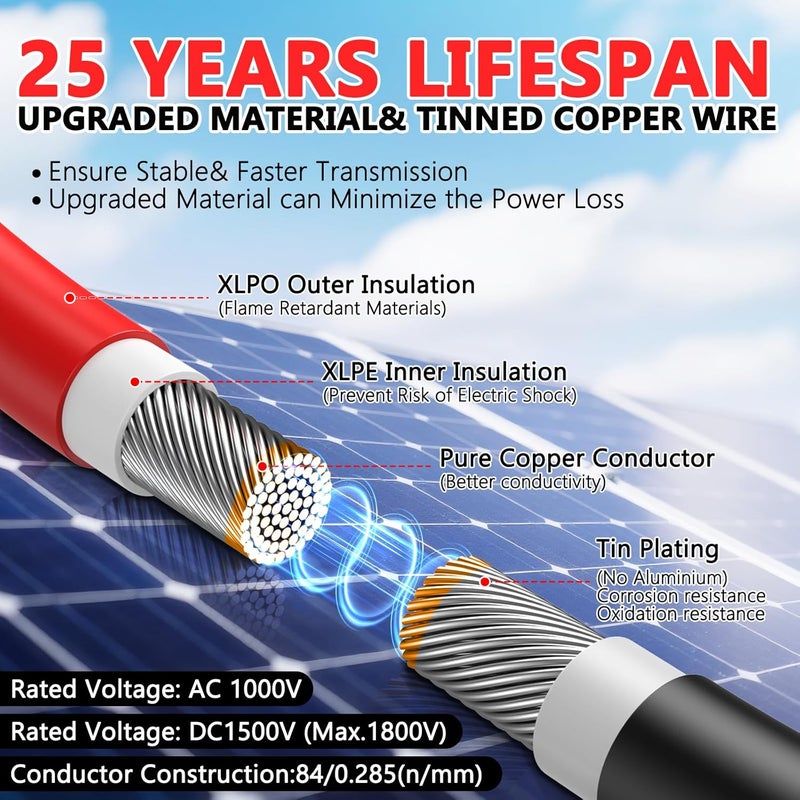 Vansdon 2x50 Feet Solar Panel Extension Cable- 10AWG Solar Cable Solar Panel Cable with Female and Male Waterproof Connectors for RV, Photovoltaic Systems - Image 2